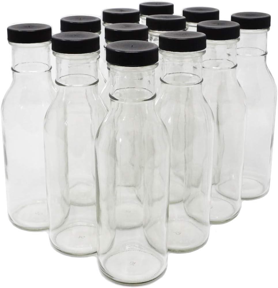 nicebottles Clear Glass Beverage/Sauce Bottles, 12 Oz, Black Caps - Case of 12