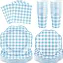 NatNarr 250 Pcs Blue Gingham Party Supplies, Scalloped Blue and White Checkered Tableware Set Includes Disposable Plates Napkins and Cups for Wedding Birthday Picnic Baby Bridal Shower