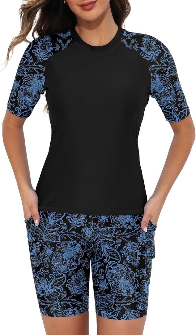 Tournesol Women's Two Piece Rash Guard Short Sleeve Swim Shirts UPF 50+ Built in Bra Swimsuit with Boyshorts with Pockets (XX-Large, Black Blue Flower)