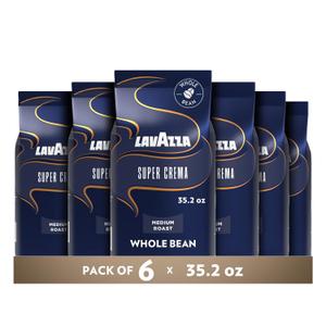 Lavazza Super Crema Whole Bean Coffee, Medium Espresso Roast, Arabica and Robusta Blend, 2.2 lb Bag, (Pack of 6) (EXP 03/30/28)