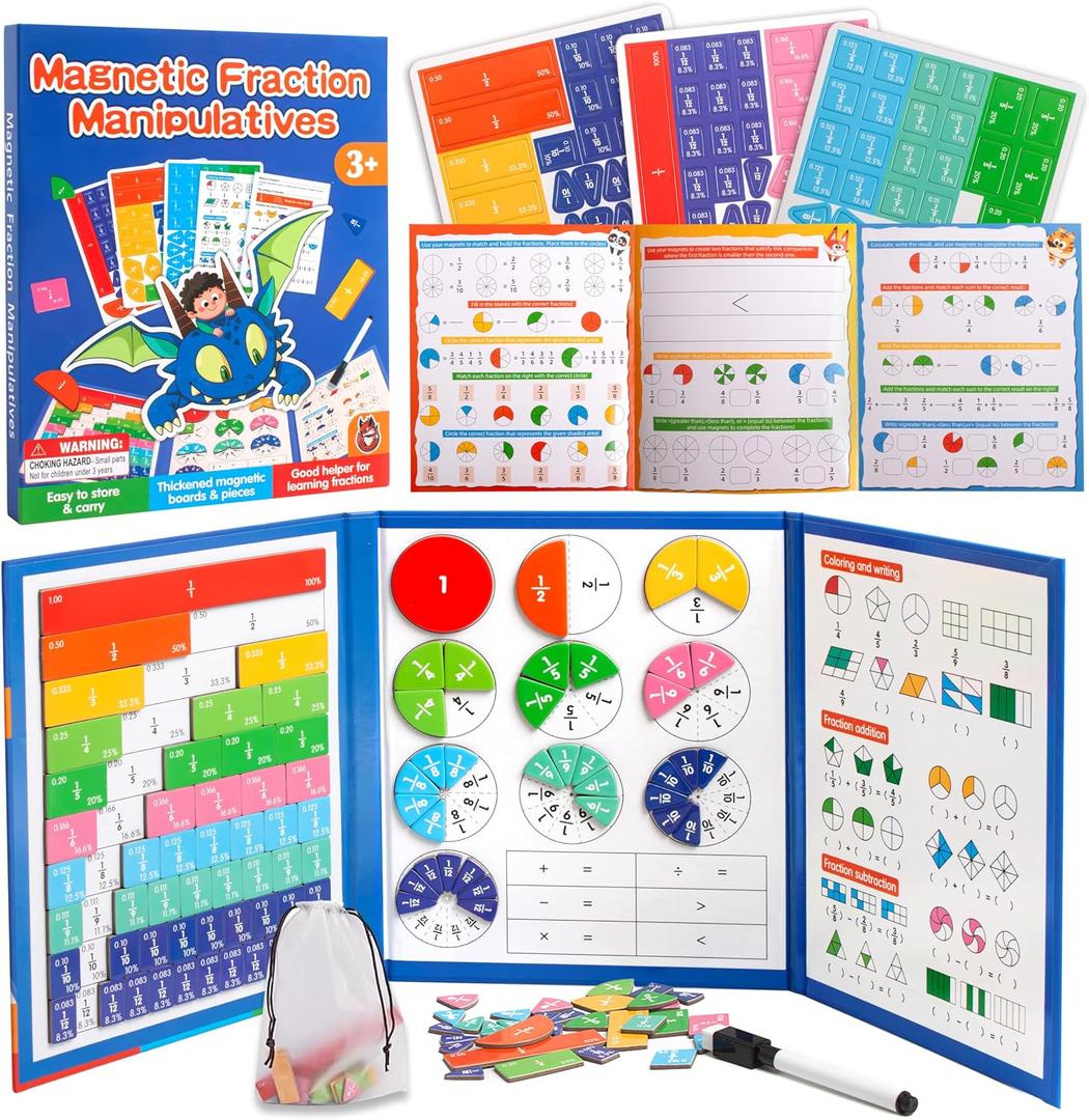 Magnetic Fraction Manipulatives for Kids, Fraction Tiles & Circles Educational Learning Set, Magnetic Fraction with Dry-Erase Practice, Homeschool & Classroom Math Teaching Tool for Elementary Math