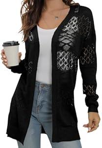 GRECERELLE Women's Lightweight Crochet Long Sleeve Loose Casual Open Front Cardigan Drape Sweaters Boho Summer Beach Coverups 
Black, X-Large