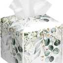 Eucalyptus Leaves and Flowers Tissue Box Cover Square,Watercolor Green Leaves Branches Tissue Box Holder Waterproof Leather Facial Paper Organizer Dispenser for Bathroom Home Car Nightstand Vanity