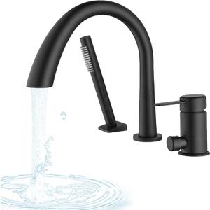 Roman Tub Faucet with Hand Shower Matte Black 3 Hole Deck Mount Bathtub Faucet with Sprayer All Metal High Flow Bathtub Faucet Tub Filler High Arch Spout