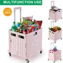 MACOPRO Folding Utility Cart Portable Rolling Crate Handcart Shopping Trolley Collapsible Tool Box, with Lid, Basket on 4 Rotate Wheels, for Grocery, Shopping, Office, Teacher (Pink)