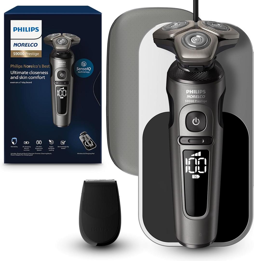 Philips Norelco S9000 Prestige Electric Shaver with Qi-Charger, Precision Trimmer and Premium Case, SP9872/86 (S9000 Prestige + Qi-Charger, Black)