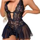 Sexy Lingerie for Women Lace Bodysuit One Piece Teddy Mini Babydoll Mesh Sleepwear V Neck Chemise Nightgowns (Medium, Black)