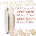 MEEDEE 7/8 inch Cotton Ribbon with Red Stitched Double Red Trim Cotton Ribbon for DIY Crafts, Gift Wrapping, DIY Crafts Projects, Party Wedding Natural Themed Events Decorating (25 Yards)
