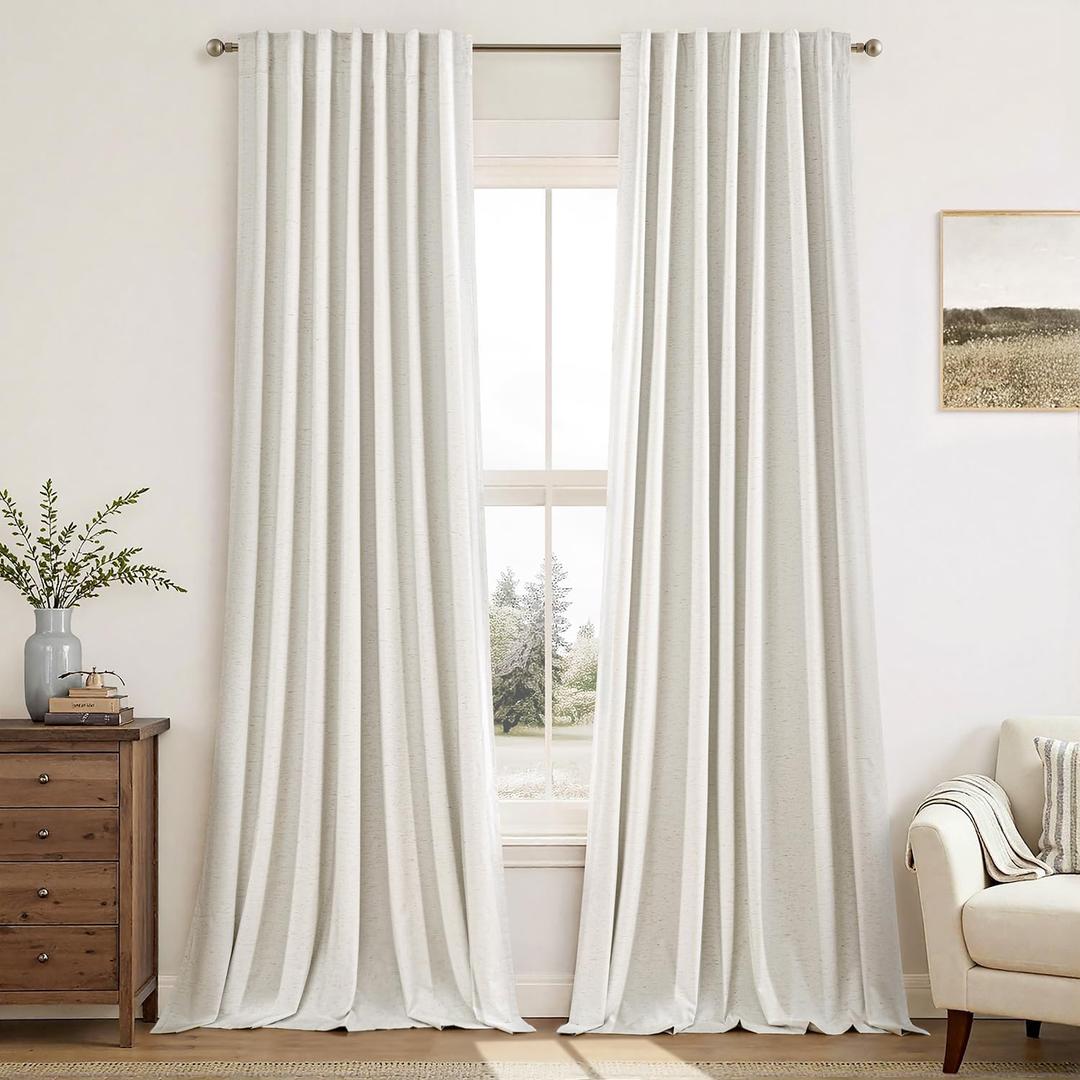 MIULEE Linen 100% Blackout Curtains 108 Inch Long 2 Panels, Back Tab Pinch Pleat Hook Belt Clip Rings Thermal Insulated Drapes for Bedroom Living Room Ivory Natural Farmhouse Black Out Window Curtains