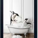 Kids Bathroom Wall Decor Funny Bathroom Wall Art Black and White Wall Decor Cute Penguins in Bathtub Canvas Print Painting Framed Farmhouse Animal Artwork (20"L x 16"W)