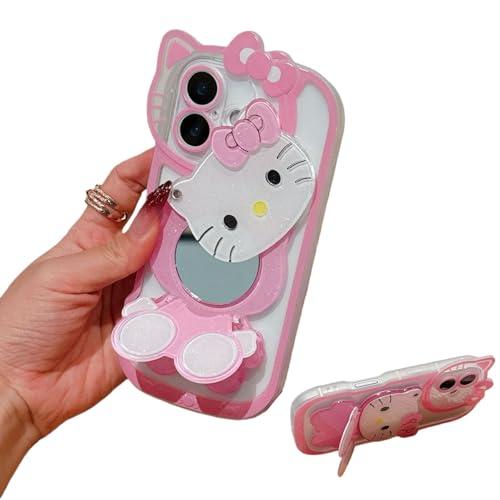 CLQLC Anime Cat Case for iPhone 17,Phone Holder Stand with Makeup Mirror, Kawaii Phone Cases, Cool Unique Protective Cover for Women