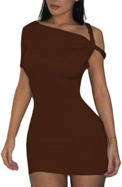 Women Asymmetrical Twist One Shoulder Mini Dress Single Short Sleeve Hollow Knot Short Dress Slim Fit Party Dresses L