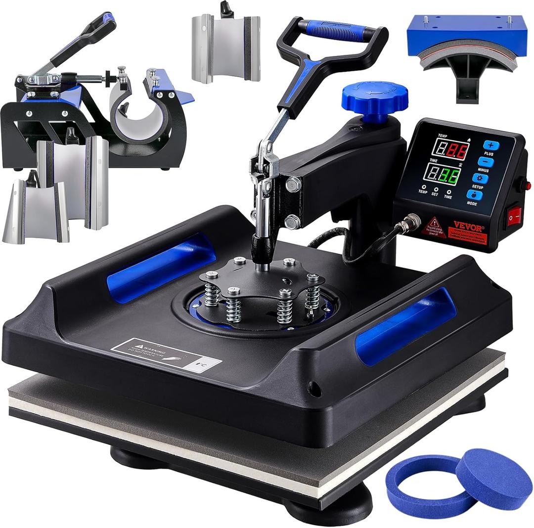 VEVOR Upgraded Heat Press Machine - 8 in 1 Heat Press 15x15, 360 Swing Away Heat Press for Sublimation, DIY T-Shirts/Hats/Mugs/Heat Transfer Projects - T Shirt Press Machine, Black&Blue