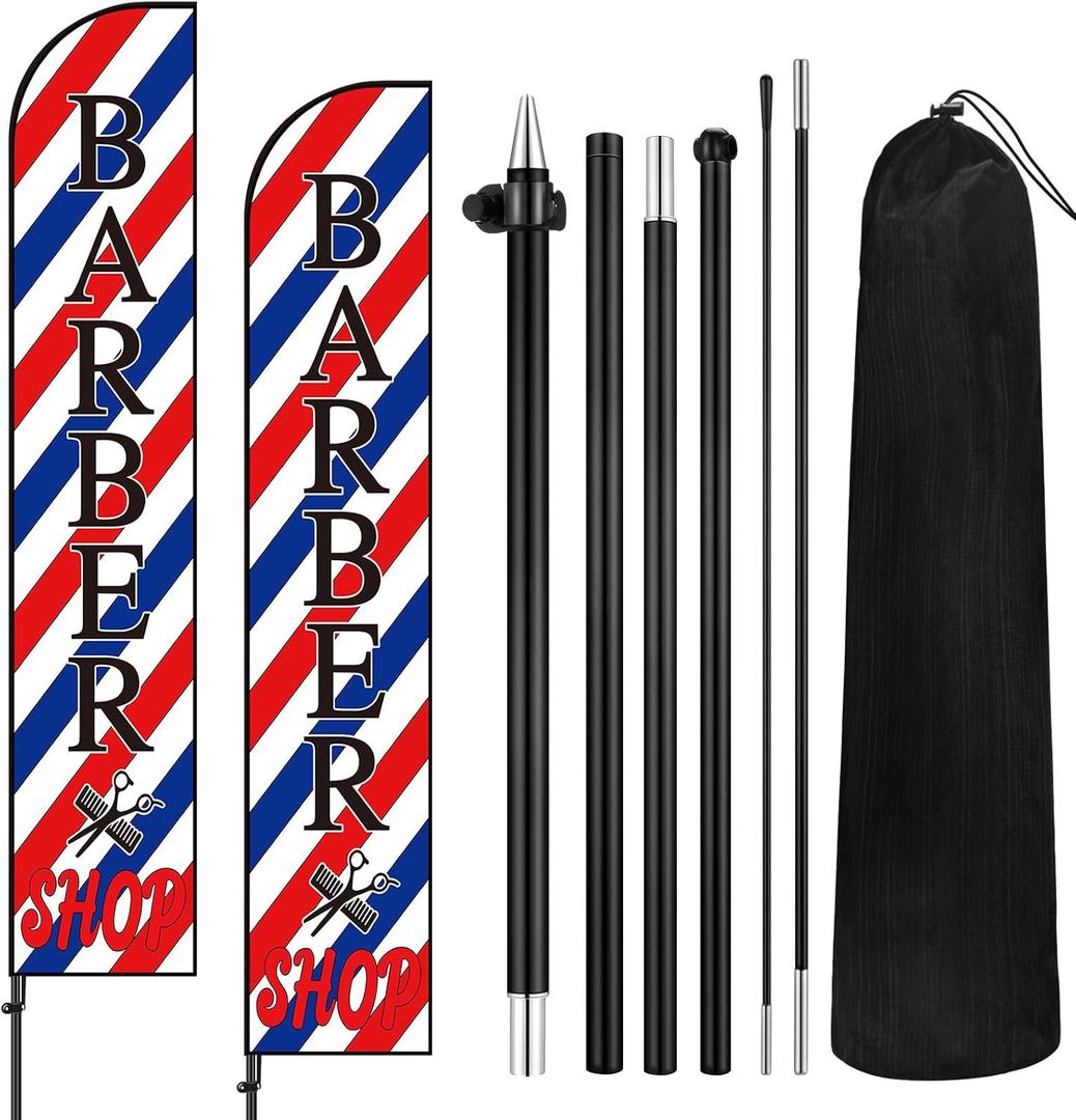 VitalCozy 2 Set Barber Flag Barbershop Themed Swooper Flag Banner with Pole Kit Open Feather Barber Sign for Salon Business Advertising Outdoor Outside(14.8 Ft)