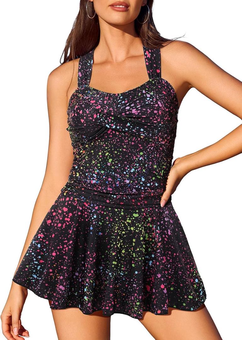 MiYang Women's Swimwear One Piece Slimming Skirt Tummy Control Swimdress Bathing Suit (Large, Tie Dye Stardust 1)