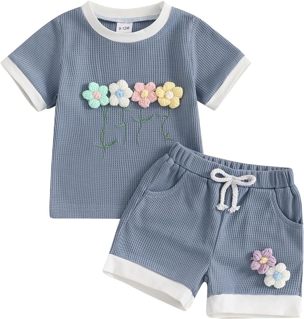 Toddler Baby Girl Outfits Floral Summer Clothes Infant Spring Waffle Short Sleeve Shirt Tops Cute Shorts Set (18-24 Months, Blue)