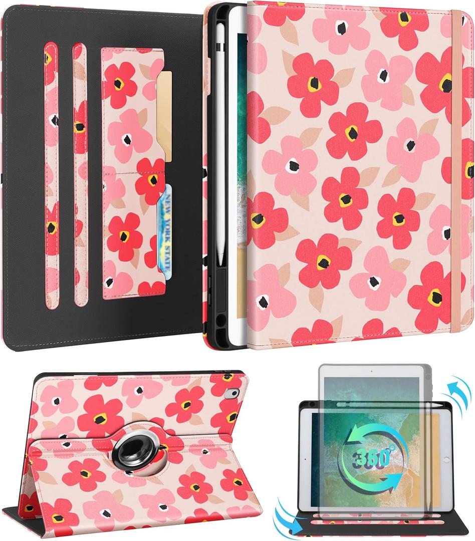 Kidcube for iPad 5th Generation Case 2017/Air 1st 2013/Pro 9.7 Inch Case 2016 - Women Girls Kids Cute Rotating Stand Folio Cover with Pencil Holder & Card Slot Girly Kawaii Floral Flower Design Cover