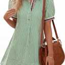 Wenrine Womens Summer Striped Short Sleeve Casual Button Shirt Mini Dresses Small, Green