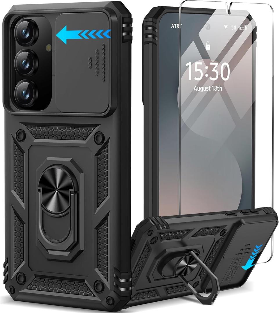 Taisairu for Samsung Galaxy S25 FE Case with Screen Protector & Slide Camera Lens Cover, Built-in Magnetic Ring Stand Shockproof Protective Phone Case for Samsung S25 FE Case (Black)
