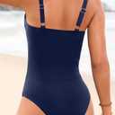 Daci Women's Tummy Control One Piece Scalloped Neck Bathing Suit | Ruched Design, Adjustable Straps, Full Coverage, Removable Pads, Soft Stretch Fabric, Retro Vibes (Blue, L)