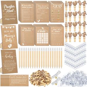 Sherr 476 Pcs Kraft Baby Shower Games 6 Sets Activities Cards Pacifier Hunt Game 50 Pacifiers How Big is Mommy's Belly Sign 50 Guessing Cards 2 Measuring Tape Don't Say Baby Sign 50 Clothespin (Brown)