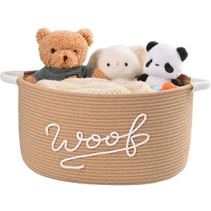 Woof Dog Toy Basket, Large Dog Toy Storage Bin with Durable Handles, Woven Dog Basket for Blankets, Toys, Chews, Pet Toy Storage Box for Nursery, Living Room, Bedroom, 17x12x9, Beige
