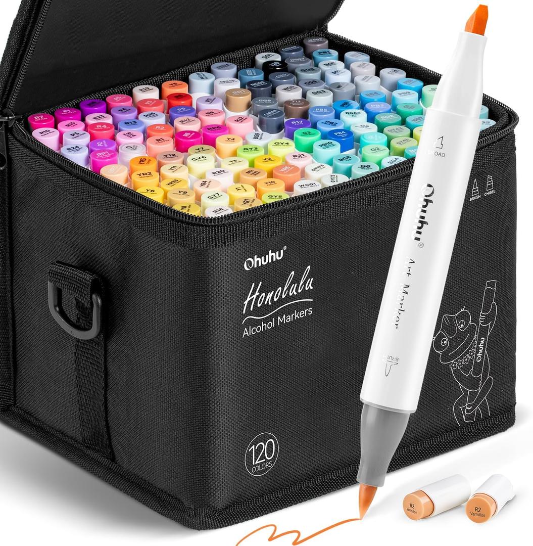 Ohuhu Alcohol Markers Brush Tip -Double Tipped Art Marker Set for Artist Adults Coloring Illustration - 120 Colors- Brush & Chisel Dual Tips- Honolulu of Ohuhu Markers- Refillable Alcohol-based Ink