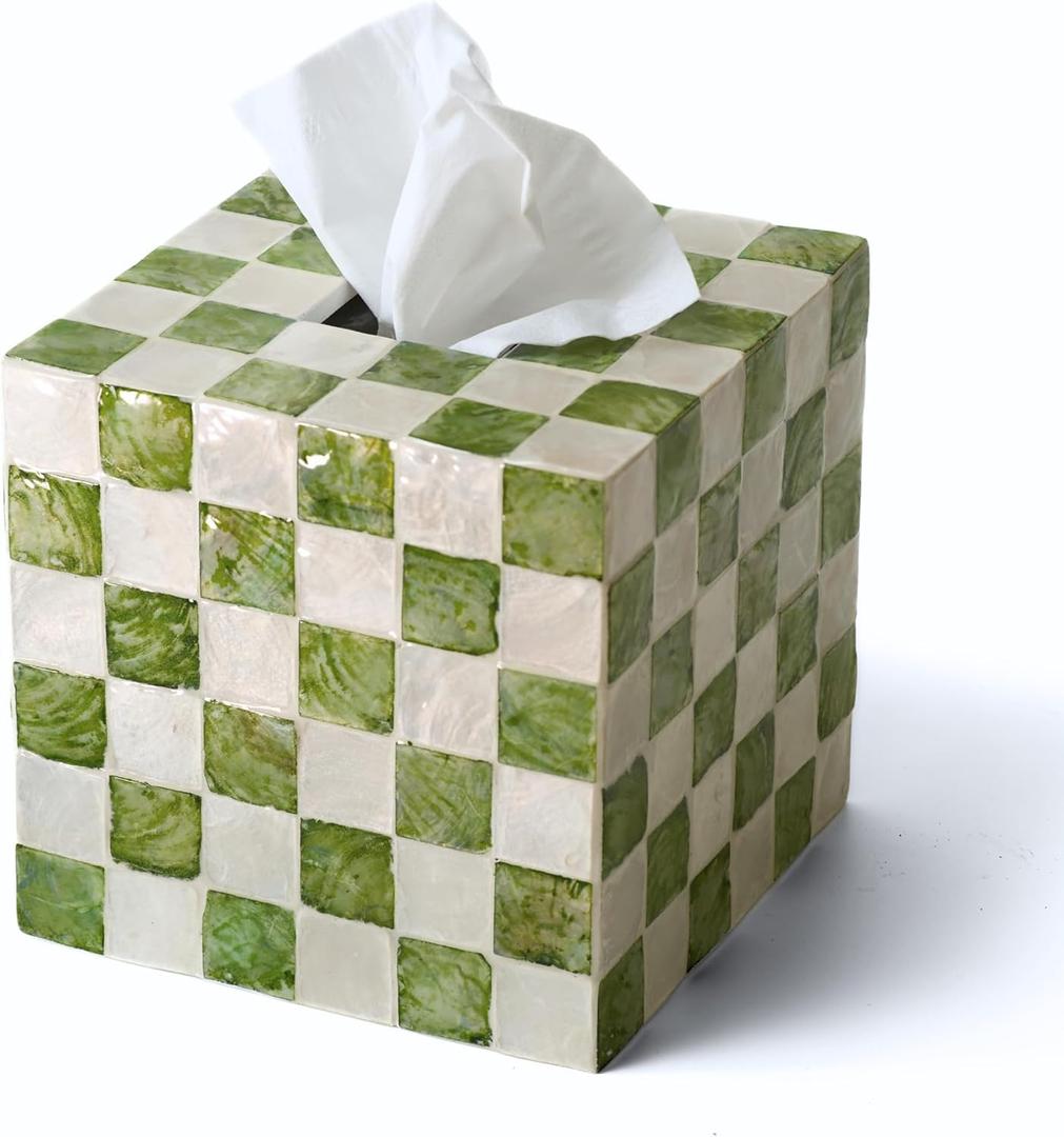 5.7" Square Tissue Box Cover, Handmade Checkered Cube Tissue Box Cover with Capiz Shells, Decorative Tissue Holder for Living Room, Bathroom, Bedroom or Office (Pistachio Green)