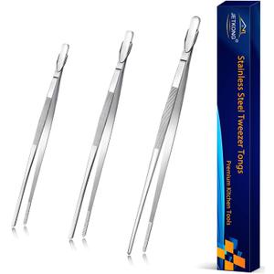 JETKONG Food Tweezers Precision Serrated Tips Kitchen Tweezers Professional Cooking Tweezer Tongs, Set of 3 (7 9 12 Inch, Silver)