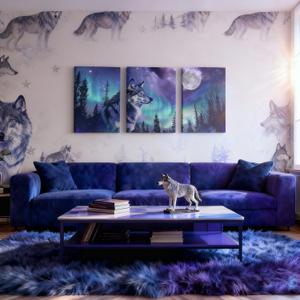 Galaxy Wolf Canvas Art Prints,Starry Sky Framed Wall Art Aesthetic Woodland Animals Wall Art for Living Room,Blue Purple Green Polar Lights Canvas Artwork Paintings 3 Piece Pictures Wall Decor