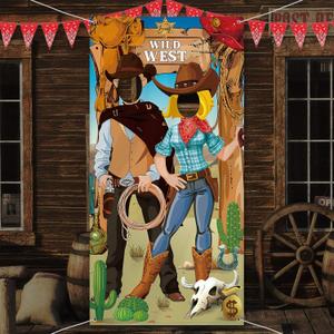 Blulu Western Cowboy Party Decorations - 6 x 3 ft Fabric Photo Booth Props Background & Door Banner with Funny Games Supplies for Birthday, Cowboy Theme Events Rustic Backdrop
