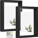 MUYE 5x7 Floating Frames Set of 2, Double Glass Picture Frame Display Any Size Photo up to 5x7, Wall Mount or Tabletop Standing, Black