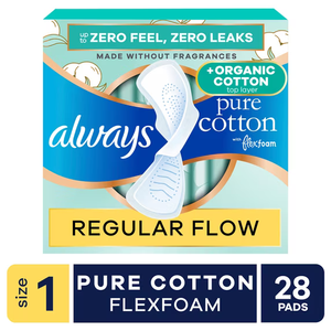 Always Pure Cotton Pads with Organic Top Layer, Size 1 Pads with Wings, Heavy Absorbency, 28 Count -2pk