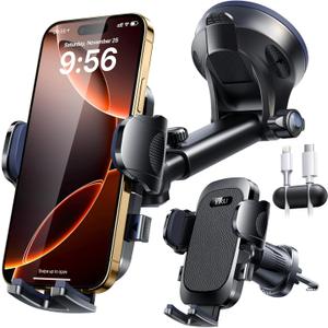 YRU True Military-Grade 360 Rotation Suction 2026 Ultimate Car Phone Holder Mount 90+LBS Safest Strongest & Patent Certs Dashboard Windshield Vent for iPhone 17 16 Pro Max Samsung (Matt Black)