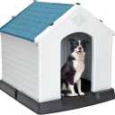 Large Dog House Indoor Outdoor Plastic Durable Dog House Insulated Puppy Shelter with Air Vents Elevated Floor (Blue, 28inch)