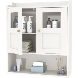 Bathroom Wall Cabinet, Medicine Cabinet with 2 Glass Door and Adjustable Shelves,White Wall Mounted Cabinet Over The Toile,3-Tier Wood Hanging Storage for Bathroom,Kitchen,Living,Laundry Room
