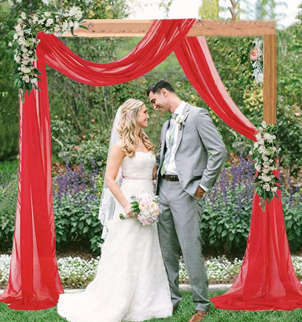 FUHSY Wedding Arch Draping Fabric Red 20FT 2 Panels Chiffon Fabric Drapery Sheer Curtains Wedding Backdrop Elegant Wedding Arch Drapes for Ceremony Ceiling Drape Party Background for Bridal Arbor Swag