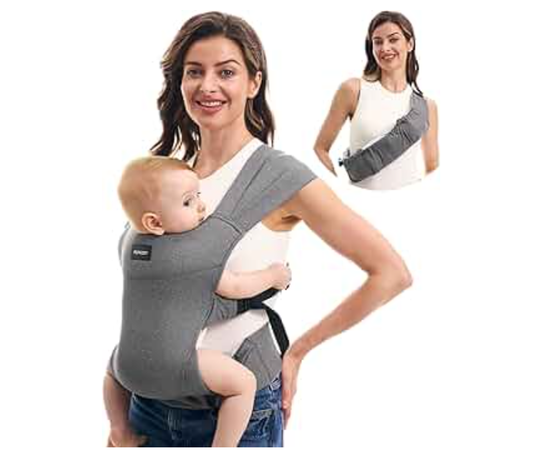 Momcozy Portable Baby Carrier – Compact & Lightweight, Adjustable for Travel, Fold & Go Convenient Storage Hip Pouch, Wide Shoulder Straps, Soft Skin-Friendly Fabric, for Babies 12–35 lbs (Grey)