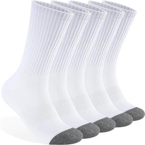 Mens 100% Cotton Cushioned Crew Socks, Athletic Performance Moisture Wicking Work socks (Medium-Large, 5 Pairs White)