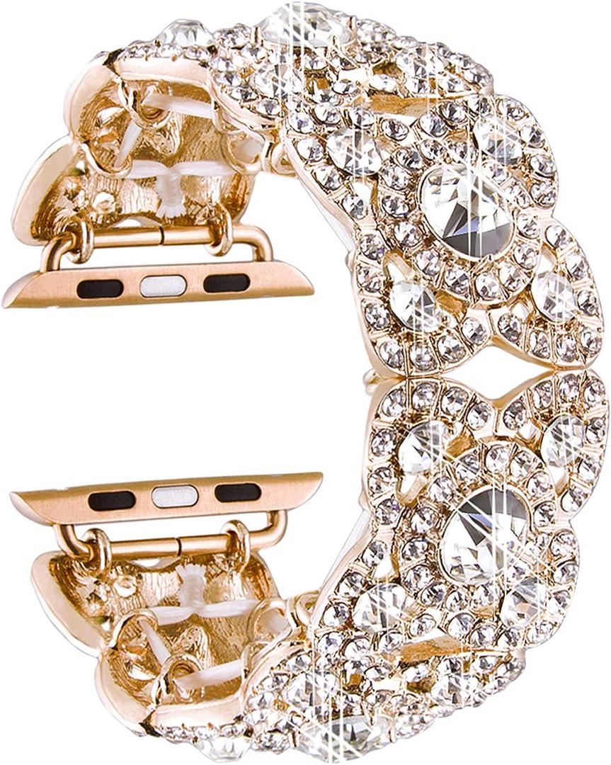 VIQIV Bling Bands for Compatible with Apple Watch 38mm 40mm 42mm 44mm 41mm 45mm 49mm Ultra Iwatch Series 9 8 7 6 5 4 3 2, Diamond Rhinestone Stainless Steel Metal Bracelet Wristband Strap for Women (Gold)