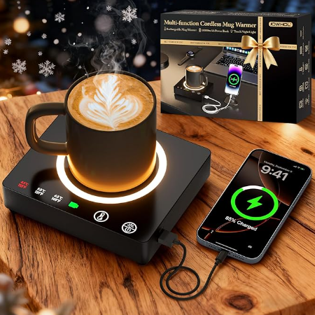 Mug Warmer Cordless 180 Min Battery Life  10000mAh Portable Charger, Wireless Coffee Cup Warmer for Desk, 3 Temp Settings, Smart Candle Heat Plate for Home, Office, Travel, Camping & Gifts for Men
