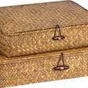 Set of 2 Flat Seagrass Storage Bins with Lid Wicker Storage Baskets for Organizing, Woven Shelf Organizer Bins Home Utility Organizer Box for Home & Office Supplies (Caramel)