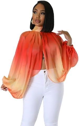 Women’s Sexy See Through Chiffon Sheer Lantern Sleeve Front Back Open Self Tie High Neck Batwing Long Sleeve Shawl Casual Shirts Blouses Tops Gradient Orange XXL