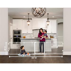 Regalo Safety 56"-130" Super Wide Baby Gate & Play Yard, 2-in-1 Adjustable Safety Gate for Doorways & Bottom of Stairs, Wall Mounted Room Divider, Includes Wall Mount Kit (130"W x 28"H, White)