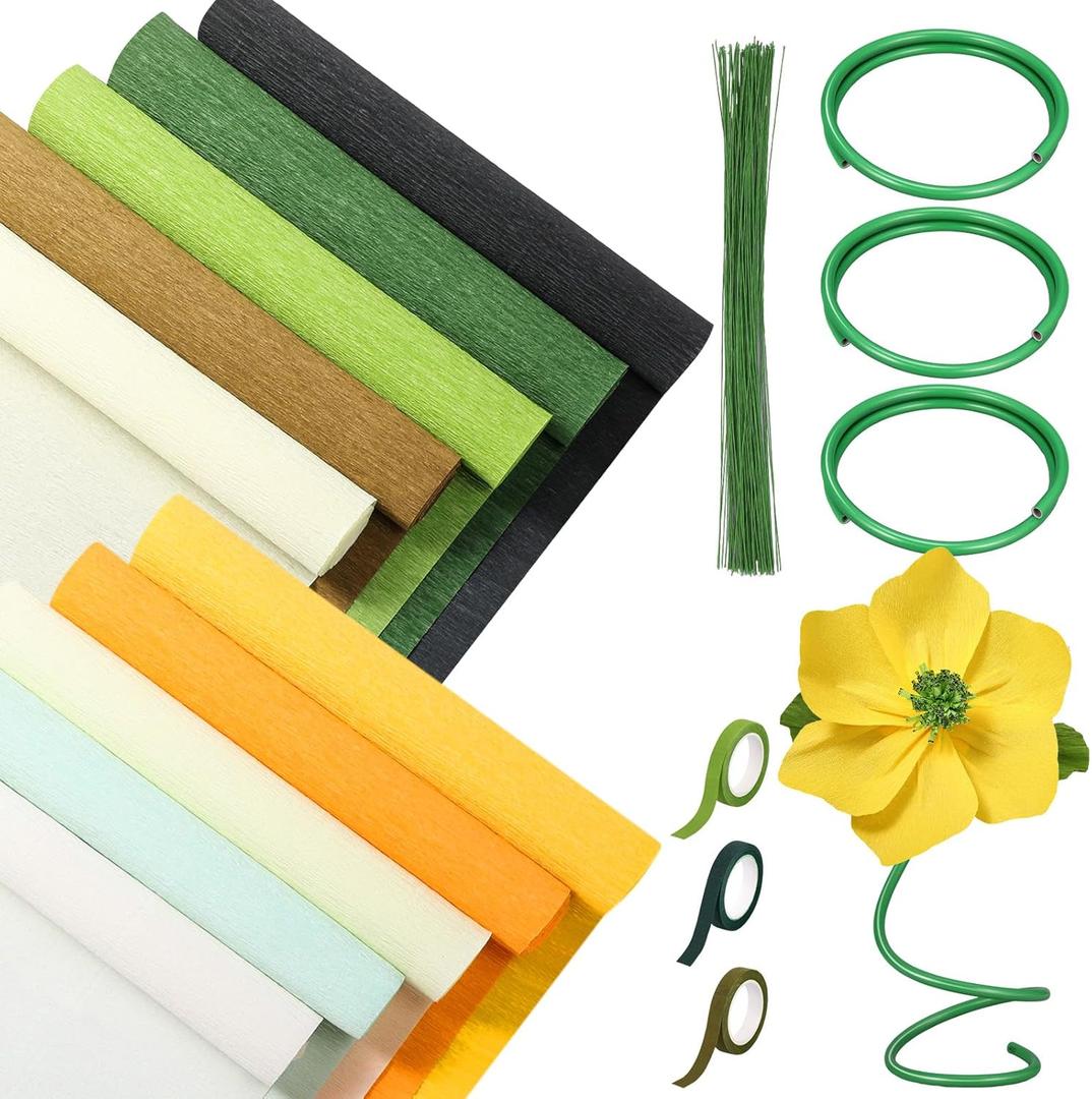 Gilprop 116 Pcs Crepe Paper Flower Stem DIY Kits Set, Include 9.8 x 98 in Crepe Paper Sheet 14.76 Ft Floral Iron Wire for Flower Making Birthday Parties Weddings Festival Decor(White and Yellow)