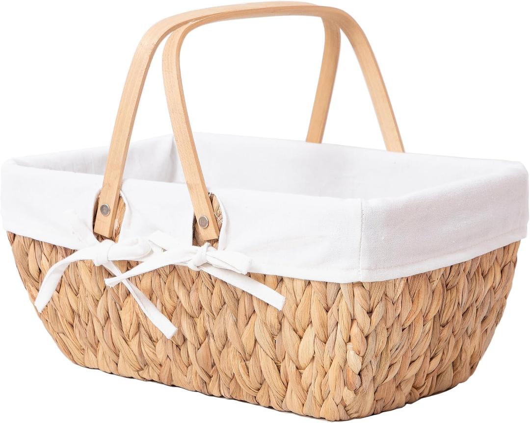 GYASVWU Water Hyacinth Picnic Baskets, Wicker Picnic Basket with Handle, Wicker Bread Basket with Linner, Empty Gift Baskets for Easter, Weddings, Garden and Home Decor (Original)
