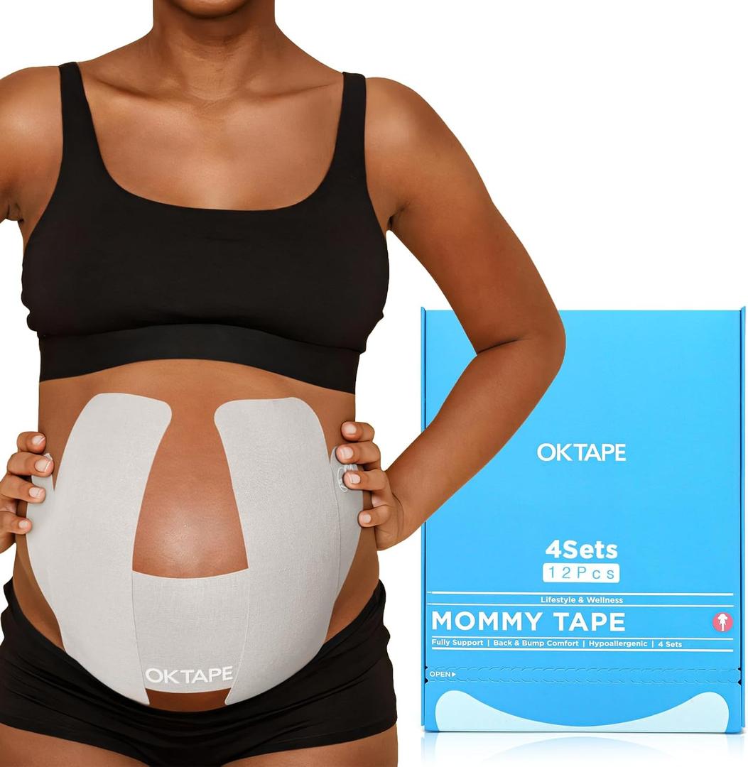 OK TAPE Pregnancy Belly Tape, Hypoallergenic Precut Belly Band Support, Relief Maternity Round Ligament Pain/Back Pain/Belly Pain, Women Pregnancy Must Haves, 4 Sets, Fashion Grey - For 27-40 weeks