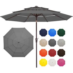 JEAREY 9FT 3 Tier Patio Umbrella Outdoor Market Umbrella Table Umbrellas with 8 Ribs 1.5 Pole Push Button Tilt and Crank UV Protection for Garden,Backyard,Gray
