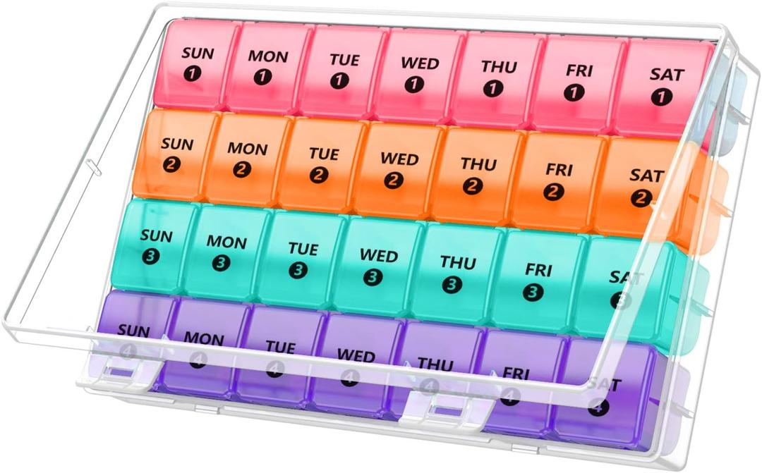 XL Monthly Pill Organizer 1 Time a Day with Dust-Proof Case, Extra Large 4 Weeks Pill Box Once a Day, 28 Days Pill Container 1 Per Day, Weekly Vitamin Case, Daily Medicine Organizer (Red-orange-green-purple)