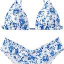 Women's 2 Piece Bikini Sets High Cut Ruffle Trim Triangle Floral Bathing Suit Wireless Tie Back Swimsuit (Large, Blue and White)